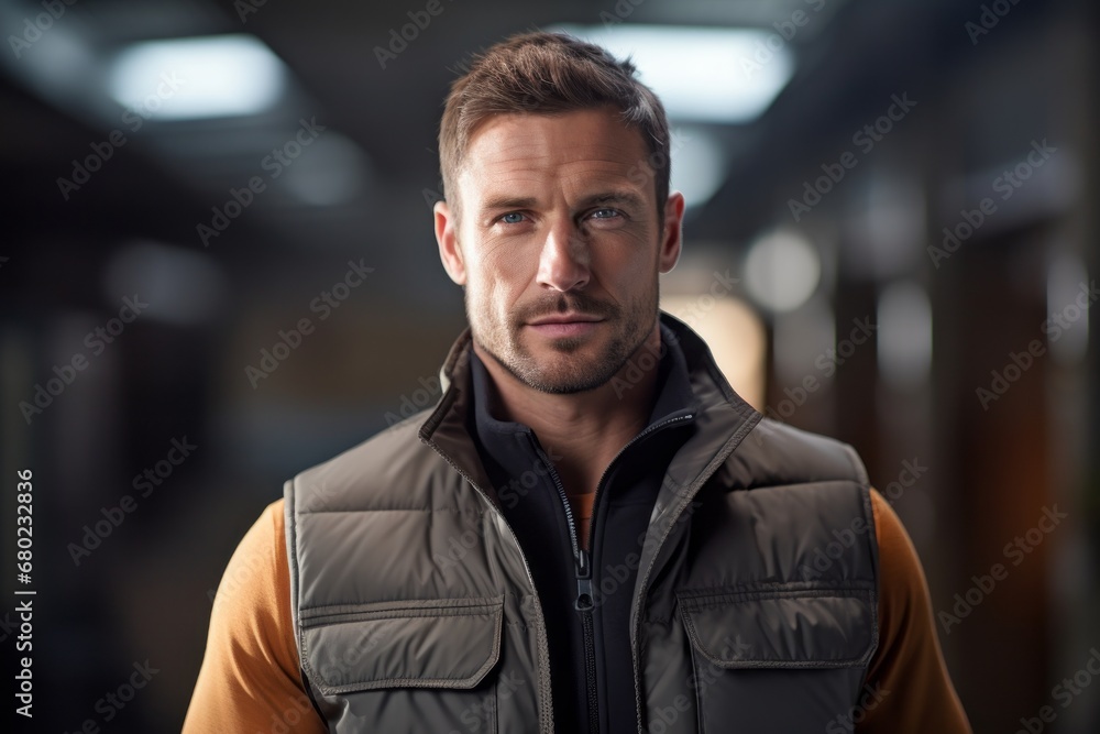 Portrait of a glad man in his 30s dressed in a water-resistant gilet against a empty modern loft background. AI Generation Portrait of a glad man in his 30s dressed in a water-resistant gilet against a empty modern loft background. AI Generation