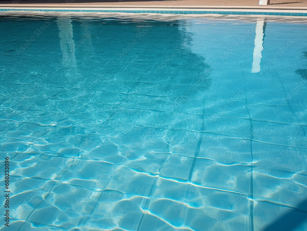 A serene swimming pool with perfectly clear water styled in mid-century modern design.