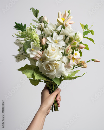 hand holding a bouquet of white flowers isolated on a white background, a special day gift celebrate love or anniversary photo