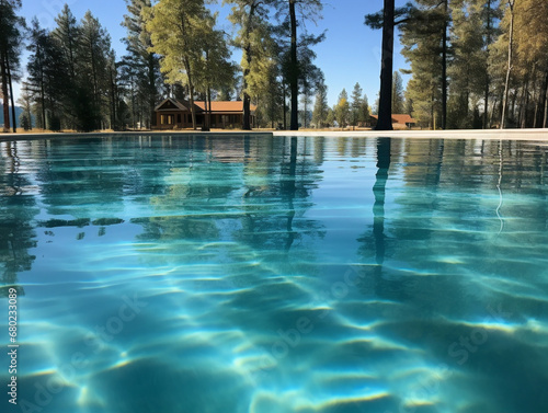 A serene swimming pool with crystal-clear, motionless water, designed in a vintage V-52 aesthetic.