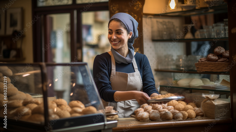A spontaneous capture of the cheerful woman running a bakery and managing the shop, providing exceptional customer care while preparing an order to a satisfied customer in her store. A spontaneous capture of the cheerful woman running a bakery and managing the shop, providing exceptional customer care while preparing an order to a satisfied customer in her store.