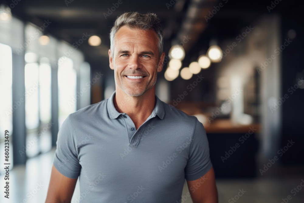 Obraz premium Portrait of a cheerful man in his 40s donning a classy polo shirt against a empty modern loft background. AI Generation