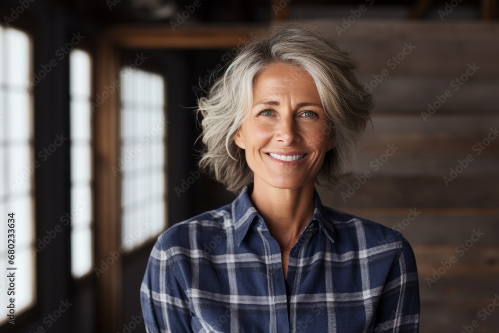 Portrait of a grinning woman in her 50s wearing a comfy flannel shirt against a empty modern loft background. AI Generation Portrait of a grinning woman in her 50s wearing a comfy flannel shirt against a empty modern loft background. AI Generation