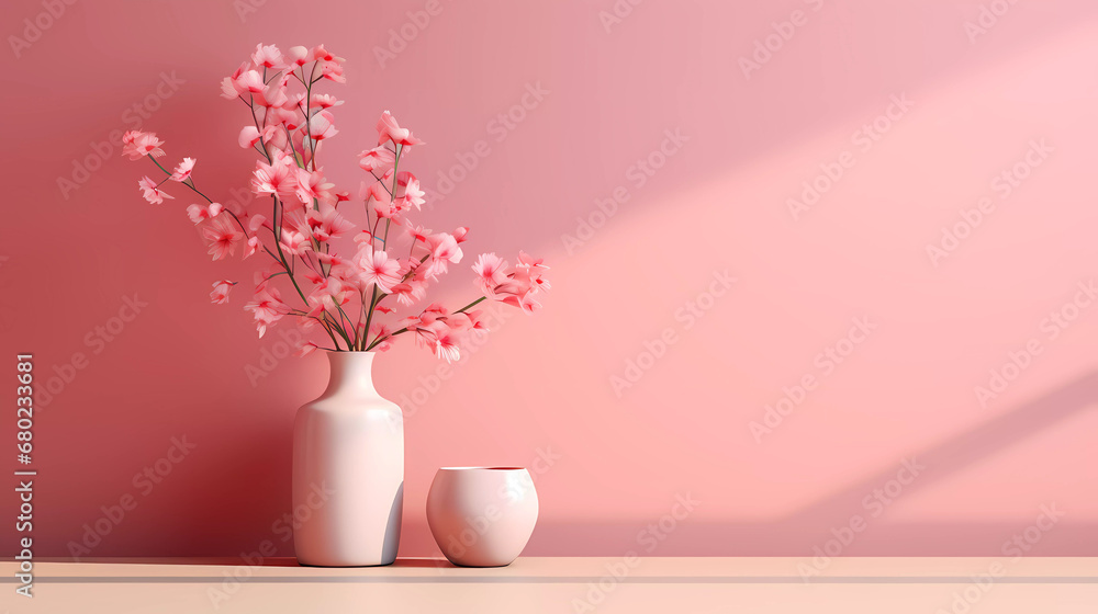 A pink room with a vase