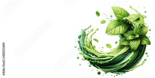 Herbal tea drink wave splash with green tea leaves and water flow, realistic vector. Green tea leaves with isolated water spill flow, ice tea fresh drink or lemonade drops splash. Generative AI. photo