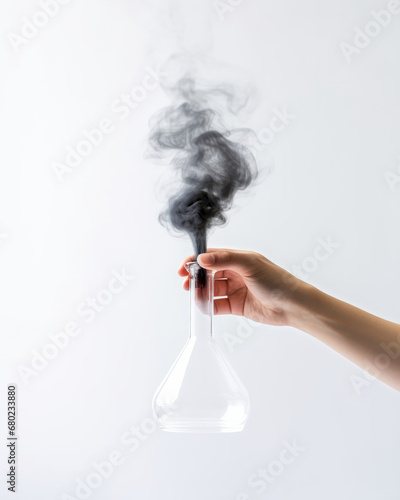 scientist hand in laboratory with test tubes, glass flask with black smoke coming out of it isolated on a white background 