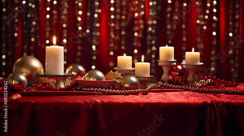 A table topped with candles and ornaments on top of a table covered in christmas decorations and lights and a red curtain