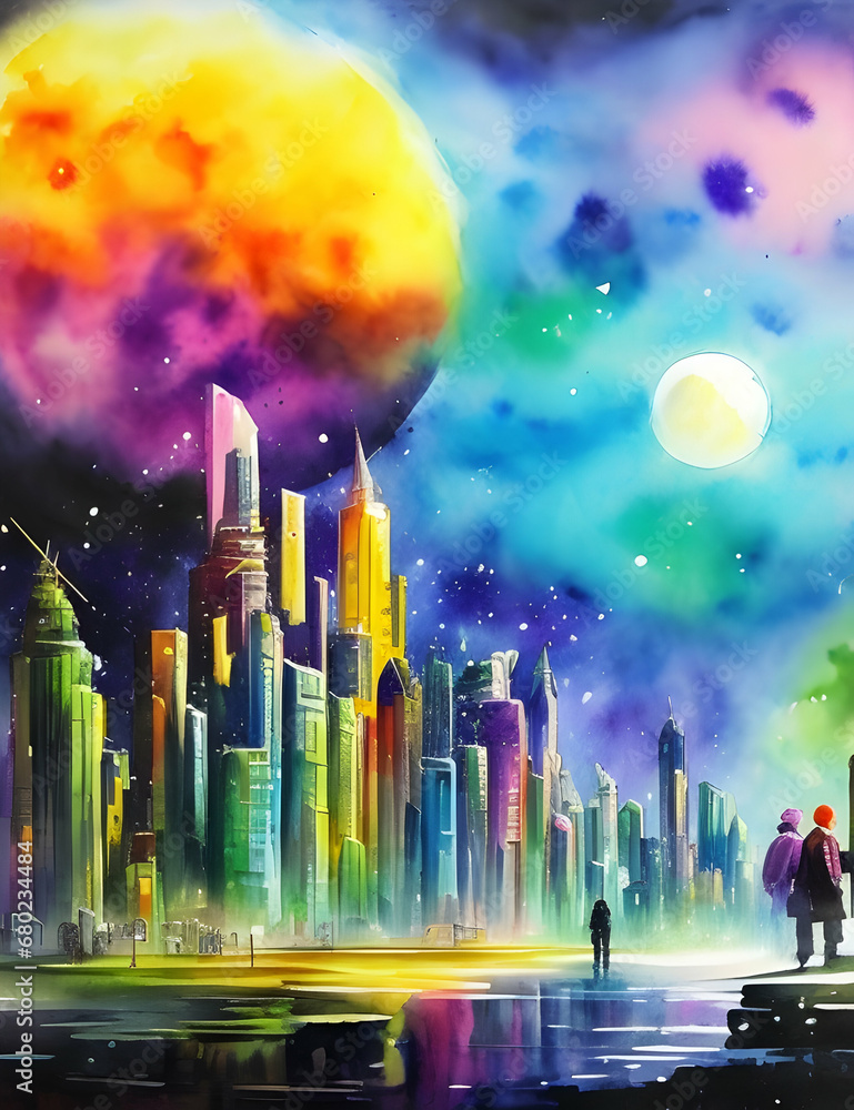 Science fiction city art watercolor painting