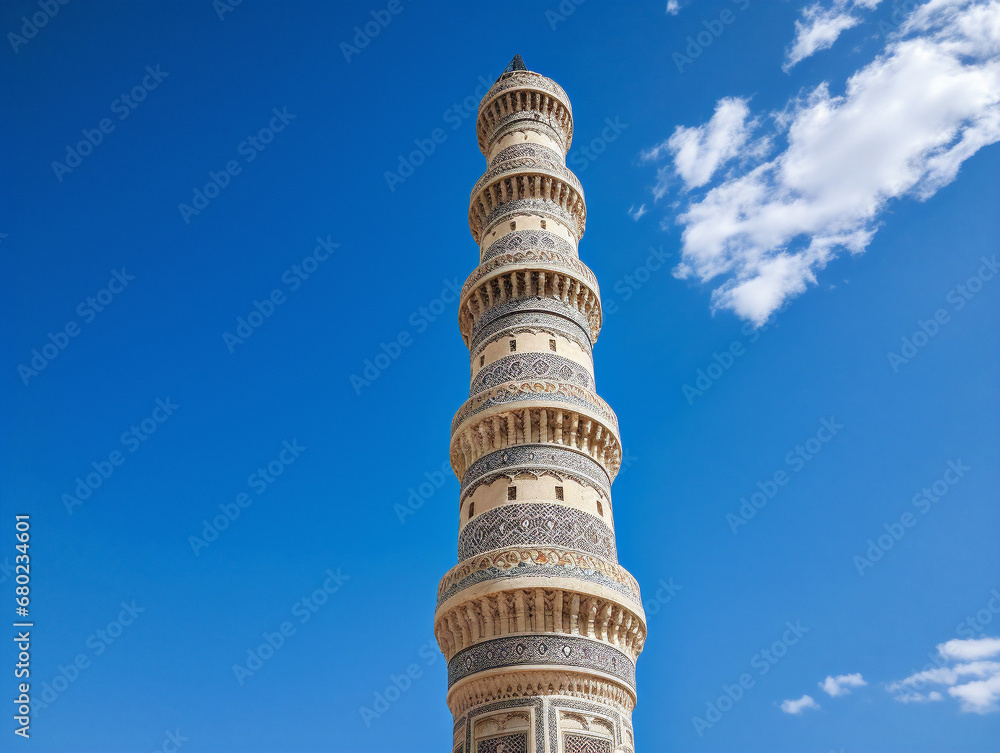A majestic minaret stands tall and proud against a serene and cloudless sky.
