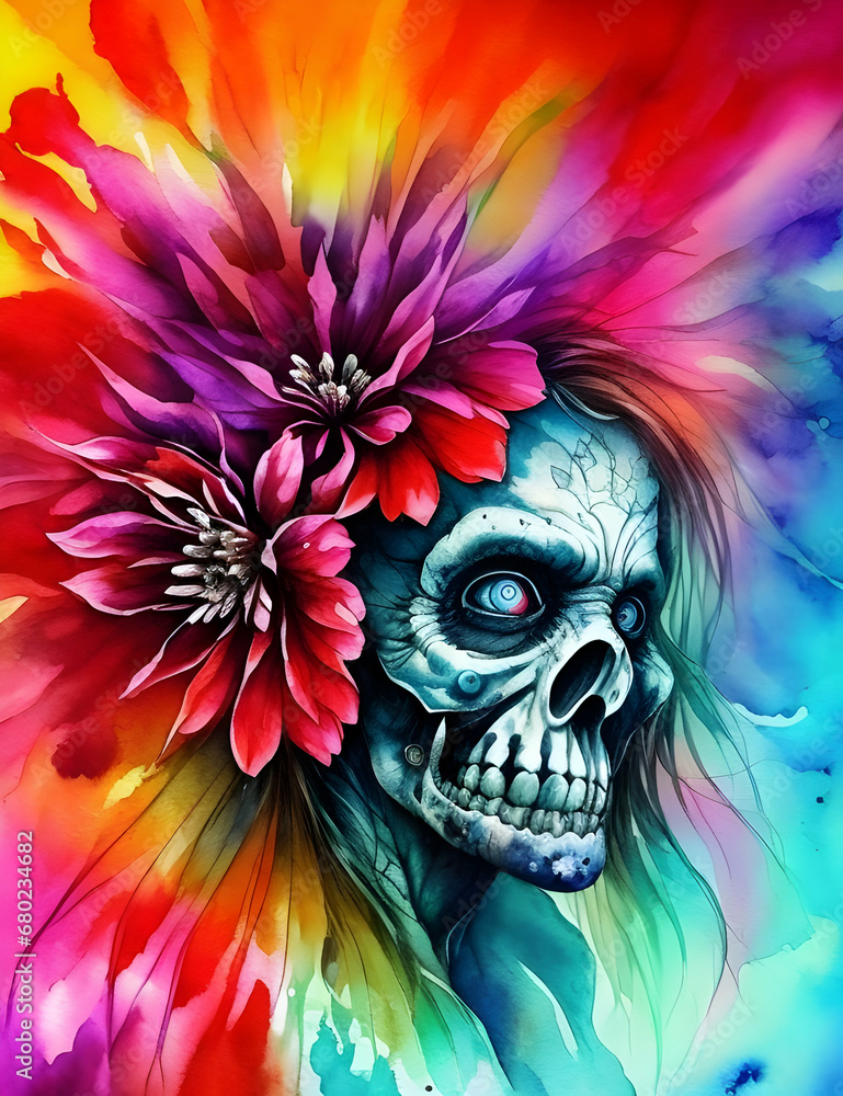 Painted Human head skull with flower 