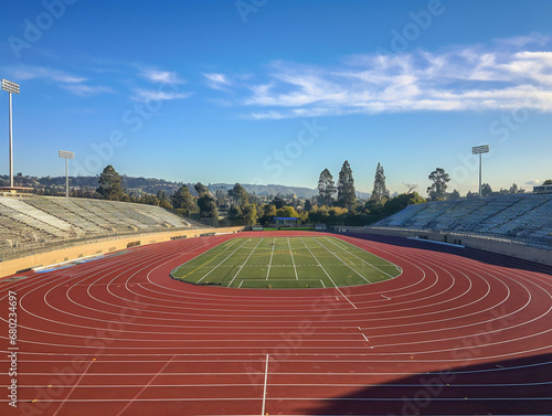 A busy track and field stadium showcasing a range of field events in action.