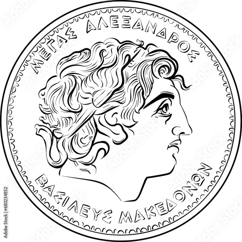Black and white Vector Greek money 100 Drachmas Greek Coin, obverse with Alexander The Great