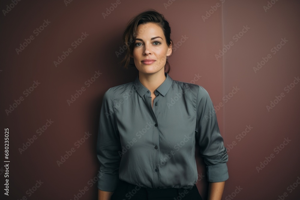 Portrait of a content woman in her 30s donning a classy polo shirt against a plain cyclorama studio wall. AI Generation Portrait of a content woman in her 30s donning a classy polo shirt against a plain cyclorama studio wall. AI Generation