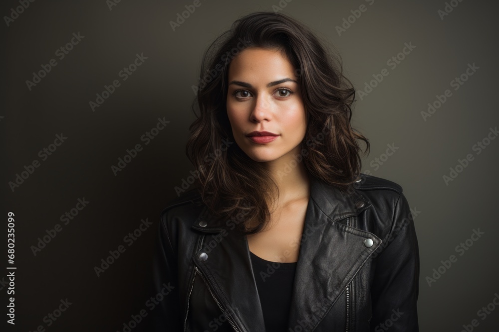 Portrait of a tender woman in her 30s sporting a classic leather jacket against a plain cyclorama studio wall. AI Generation Portrait of a tender woman in her 30s sporting a classic leather jacket against a plain cyclorama studio wall. AI Generation