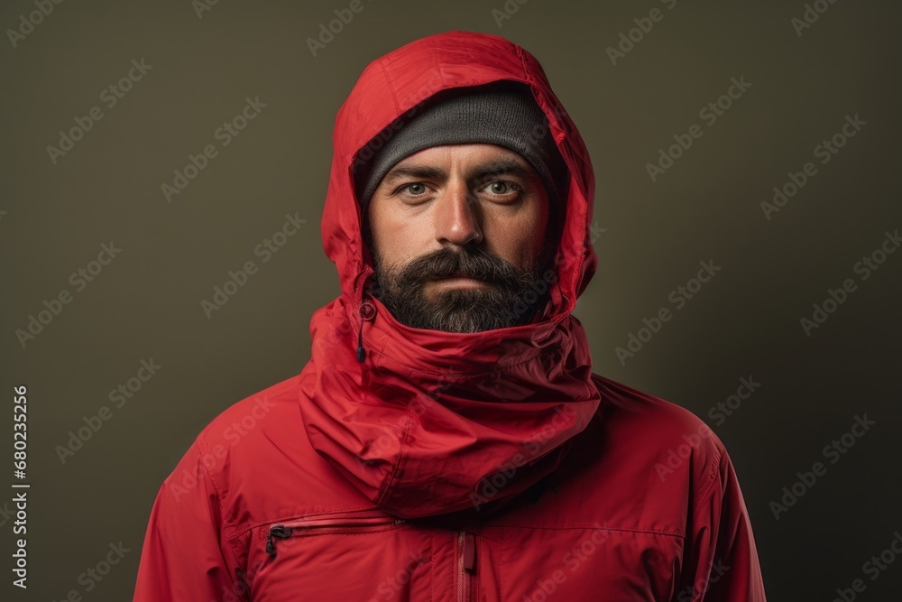 Portrait of a content man in his 30s wearing a protective neck gaiter against a plain cyclorama studio wall. AI Generation Portrait of a content man in his 30s wearing a protective neck gaiter against a plain cyclorama studio wall. AI Generation
