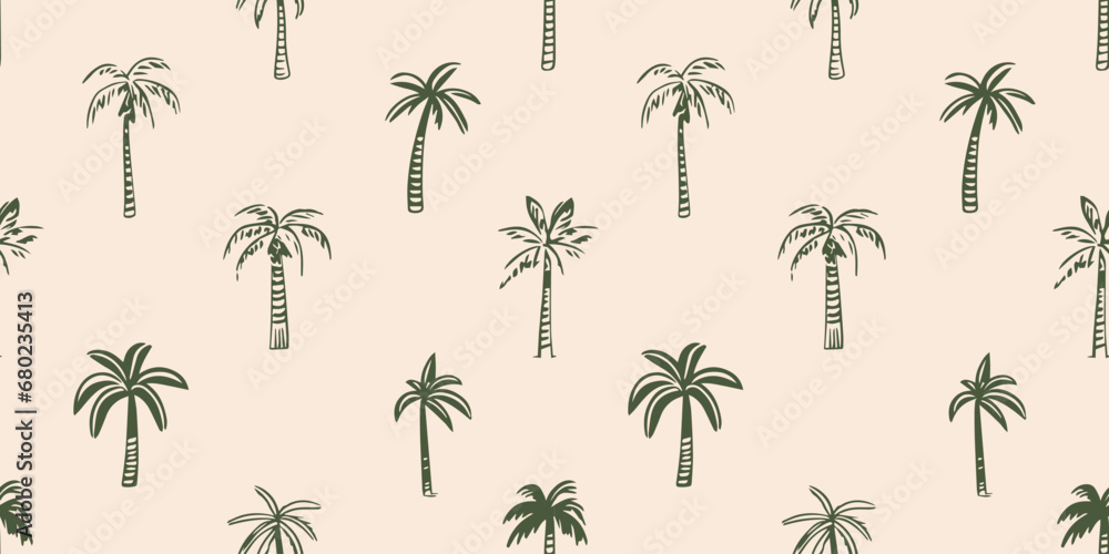 Fototapeta premium Hand drawn palm tree doodle seamless pattern illustration. Colorful hawaiian print, summer vacation background in vintage art style. Tropical plant painting wallpaper texture.