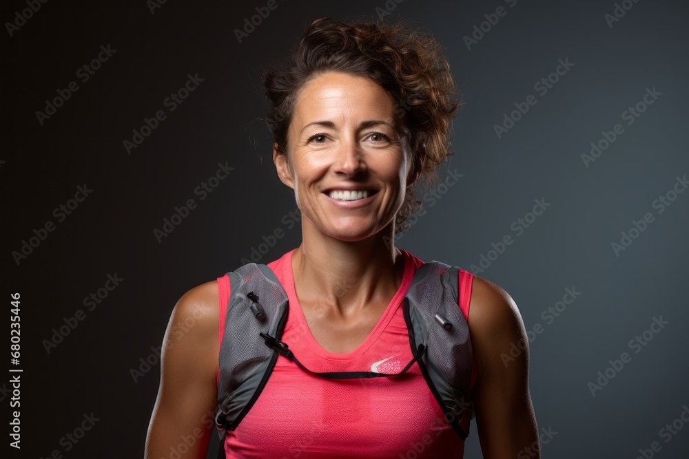 Portrait of a smiling woman in her 40s wearing a lightweight running vest against a plain cyclorama studio wall. AI Generation Portrait of a smiling woman in her 40s wearing a lightweight running vest against a plain cyclorama studio wall. AI Generation