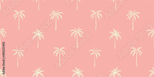 Hand drawn palm tree doodle seamless pattern illustration. Colorful hawaiian print, summer vacation background in vintage art style. Tropical plant painting wallpaper texture.
