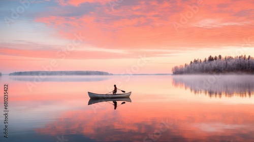 A Serene Journey: Canoeing into the Golden Glow of the Setting Sun © pham