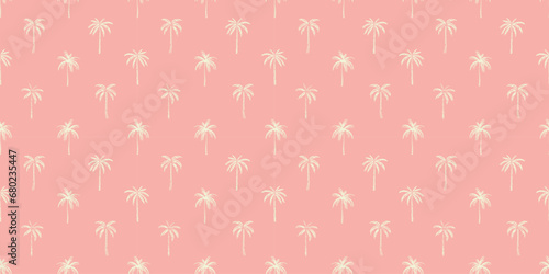 Hand drawn palm tree doodle seamless pattern illustration. Colorful hawaiian print, summer vacation background in vintage art style. Tropical plant painting wallpaper texture.