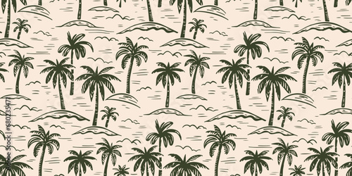 Hand drawn palm tree doodle seamless pattern illustration. Colorful hawaiian print, summer vacation background in vintage art style. Tropical plant painting wallpaper texture.