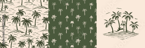 Hand drawn palm tree doodle seamless pattern set. Colorful hawaiian print, summer vacation background collection in vintage art style. Tropical plant painting illustration bundle.