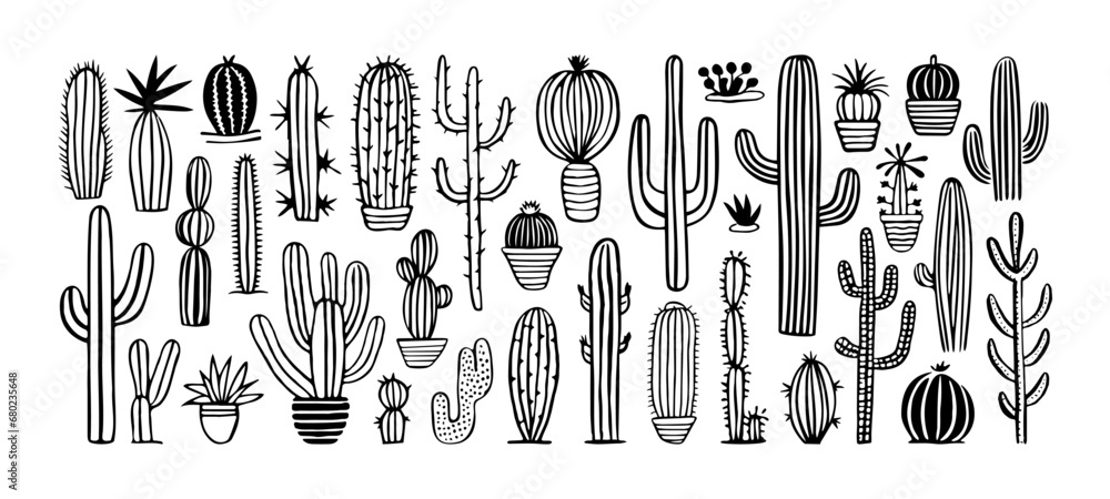 Hand drawn cactus plant doodle set. Vintage style black and white ...