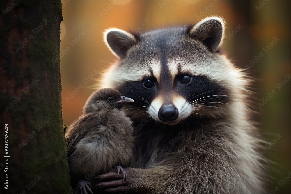 A Tender Moment: Raccoon Caring for Baby Raccoon in Its Arms