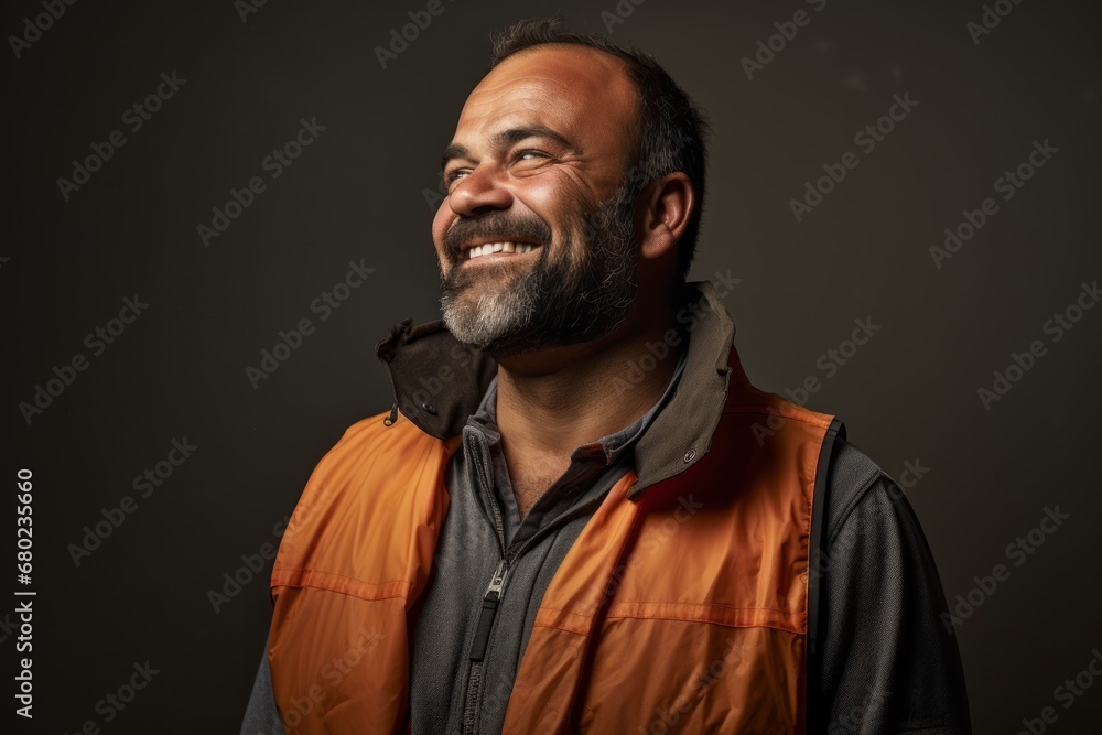 Portrait of a jovial man in his 40s dressed in a water-resistant gilet against a plain cyclorama studio wall. AI Generation Portrait of a jovial man in his 40s dressed in a water-resistant gilet against a plain cyclorama studio wall. AI Generation