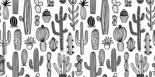 Hand drawn cactus plant doodle seamless pattern. Black and white cacti houseplant background. Nature desert flora texture, mexican garden print. Natural interior graphic decoration wallpaper.