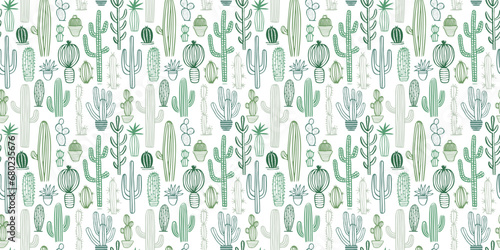 Hand drawn cactus plant doodle seamless pattern. Vintage style cartoon cacti houseplant background. Nature desert flora texture, mexican garden print. Natural interior graphic decoration wallpaper.