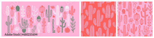 Hand drawn cactus plant doodle seamless pattern set. Vintage style cartoon cacti houseplant background. Nature desert flora texture, garden print. Natural interior graphic decoration wallpaper. © Dedraw Studio