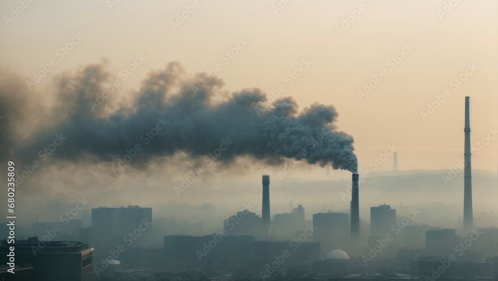 Smoke from the chimneys of a power plant in the city, environmental pollution, bad air
