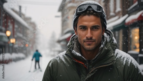 Portrait of a handsome young man in winter clothes on the background of a snowy street