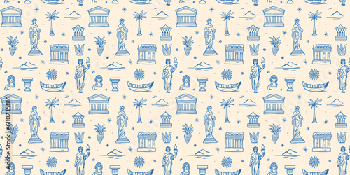 Ancient greek statue and classic vintage monument seamless pattern. Blue greece culture background illustration. Historical flat cartoon drawing wallpaper print texture.