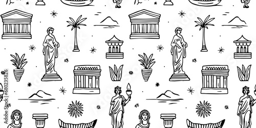 Ancient greek statue and classic vintage monument seamless pattern. Black and white greece culture background illustration. Historical flat cartoon drawing.