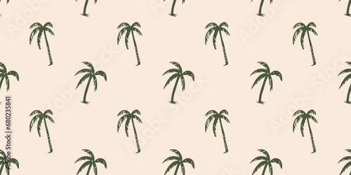 Hand drawn palm tree doodle seamless pattern illustration. Colorful hawaiian print, summer vacation background in vintage art style. Tropical plant painting wallpaper texture. © Dedraw Studio