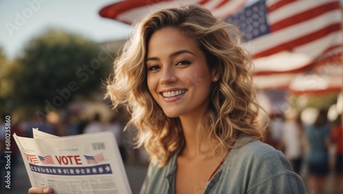 Joyful young american woman with newsletter at the elections day.
