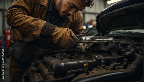 a middle age male car mechanic repair the engine