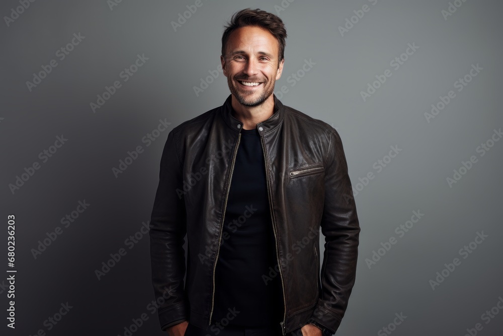 Portrait of a smiling man in his 30s sporting a classic leather jacket against a crisp minimalistic living room. AI Generation Portrait of a smiling man in his 30s sporting a classic leather jacket against a crisp minimalistic living room. AI Generation