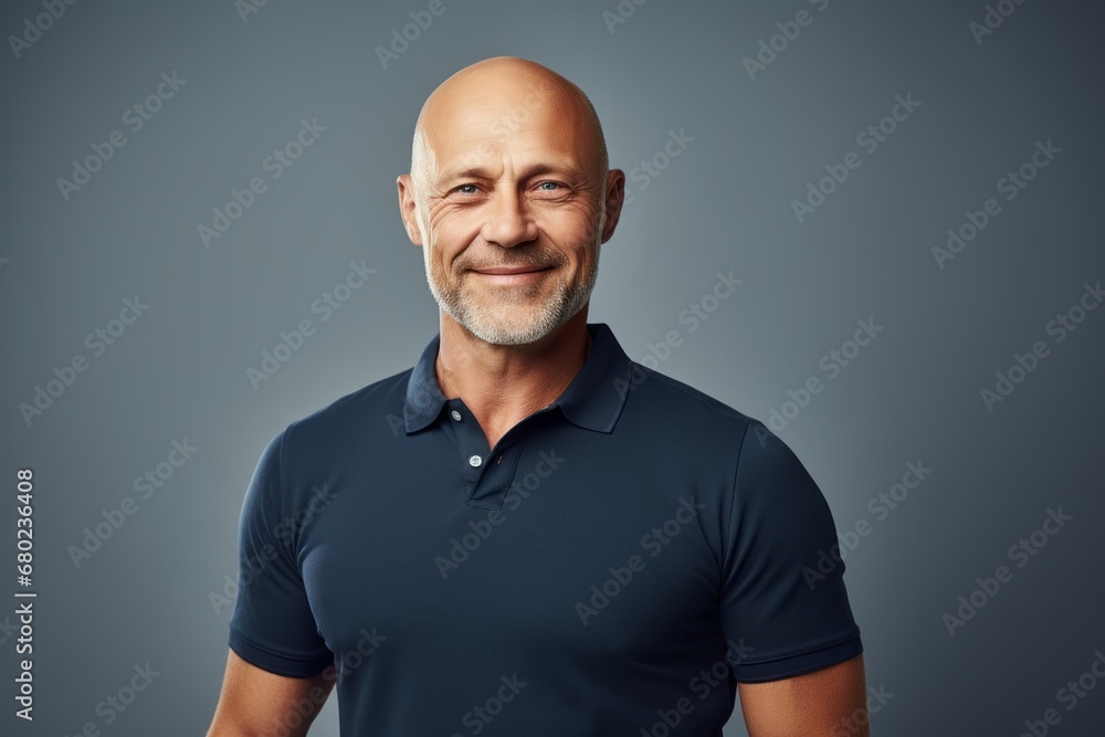 Portrait of a glad man in his 40s donning a classy polo shirt against a crisp minimalistic living room. AI Generation Portrait of a glad man in his 40s donning a classy polo shirt against a crisp minimalistic living room. AI Generation