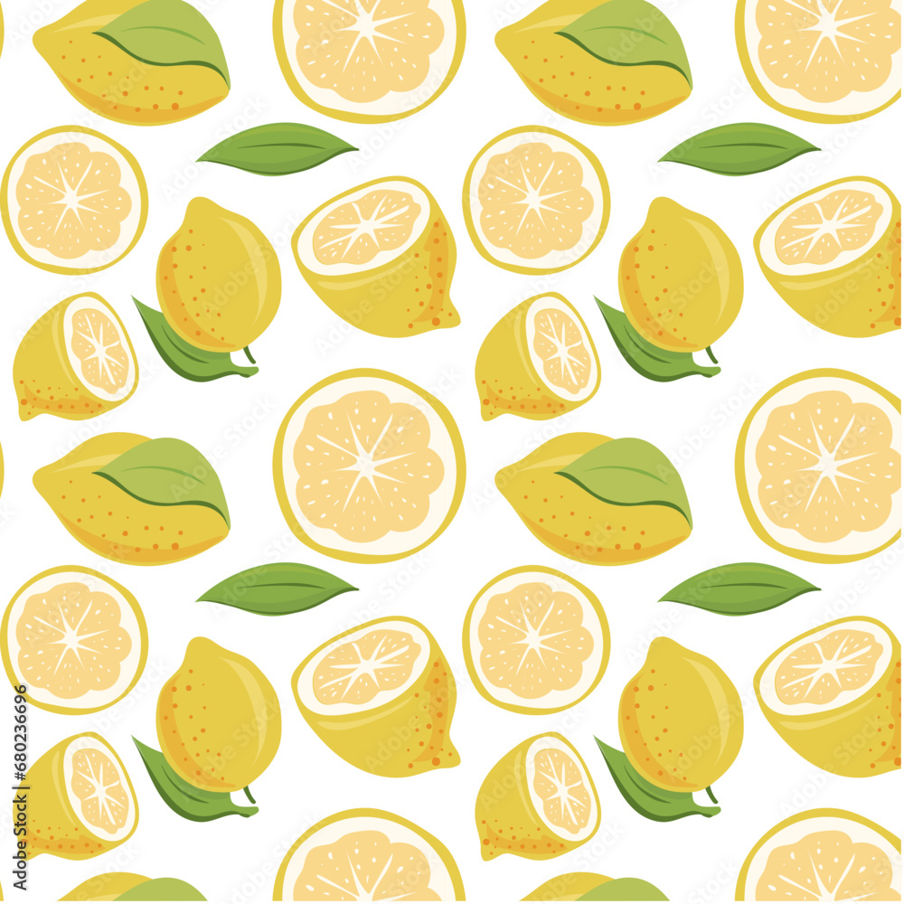 Lemon slices, leaves, whole lemons and halves arranged in random order. Fresh citrus pattern on a white background. Ideal for menus, cards, posters, prints, packaging, fabric. Vector image.