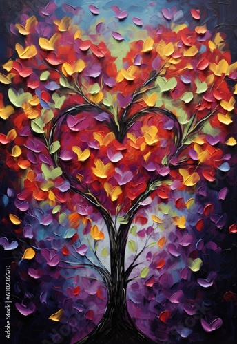 Hearts of Nature: A Whimsical Tree Painting with Love and Beauty Blossoming