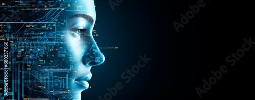 Human head in the form of a computer circuits on black background, bionic head ,Neural network connection. Communication with artificial intelligence, copy space for text, AI technology concept