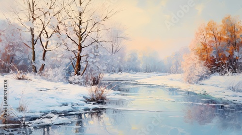 A watercolor artwork portraying a winter scene, where snow blankets the grass and a forest with a meandering river, bathed in the morning glow of the rising sun.