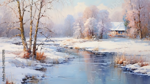 A watercolor artwork portraying a winter scene, where snow blankets the grass and a forest with a meandering river © Matthew