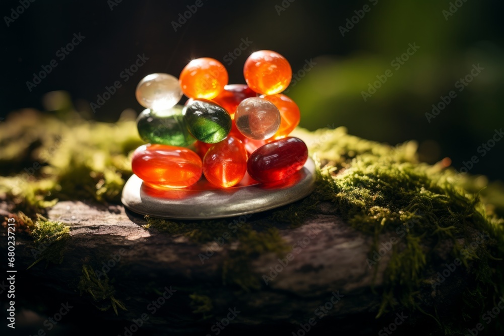 Jewel-like gummy vitamins poised on a stone in a bed of moss, bathed in a mystical beam of forest light