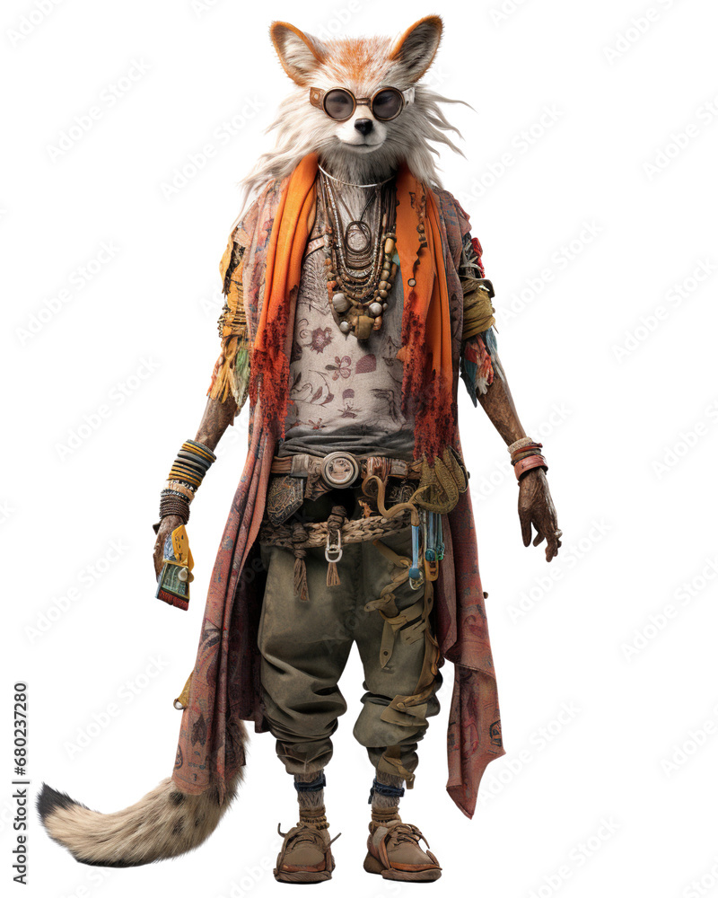 An anthropomorphic fox in stylish glasses and a bright scarf, adorned with necklaces. Anthropomorphic animals