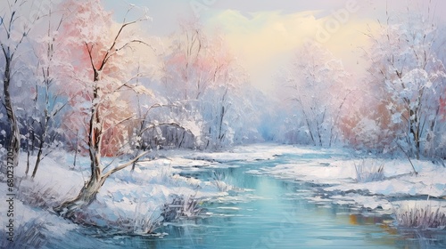 Watercolor painting of a winter landscape, where snow blankets the grass, depicting a forest with a flowing river in the morning © Matthew