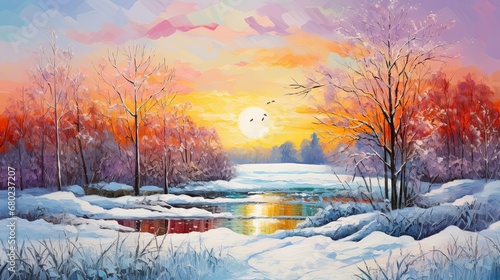 Winter landscape in watercolor, capturing snow-draped grass and a forest with a flowing river, painted in the serene light of the morning sun. © Matthew